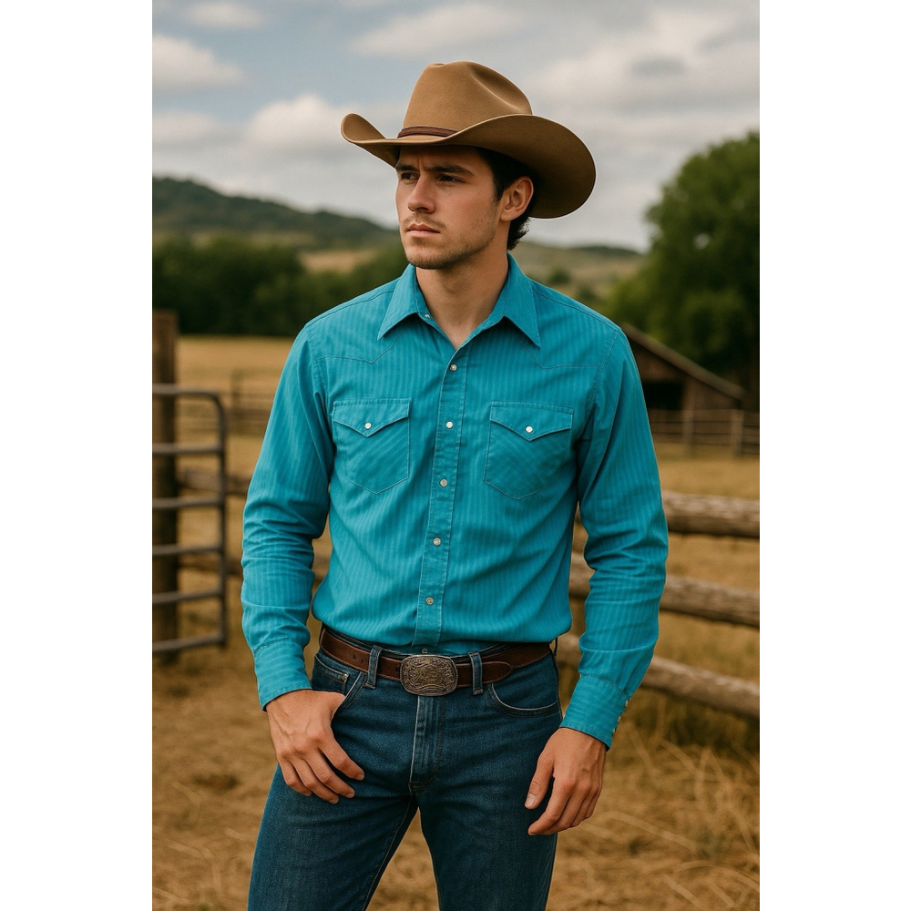 VTG Wrangler Blue Shirt 15 X 34 Cowboy Cut X Long Tails Pearl Snap Western USA